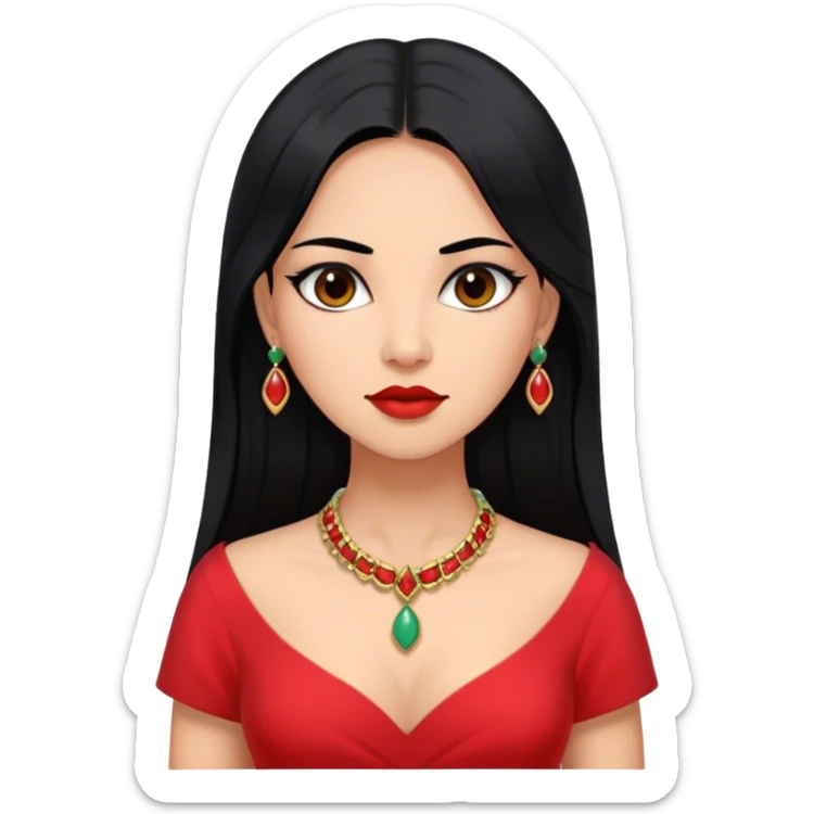 Bella Goth, latin woman long straight hair black, red dress, jade collar, beautiful sticker