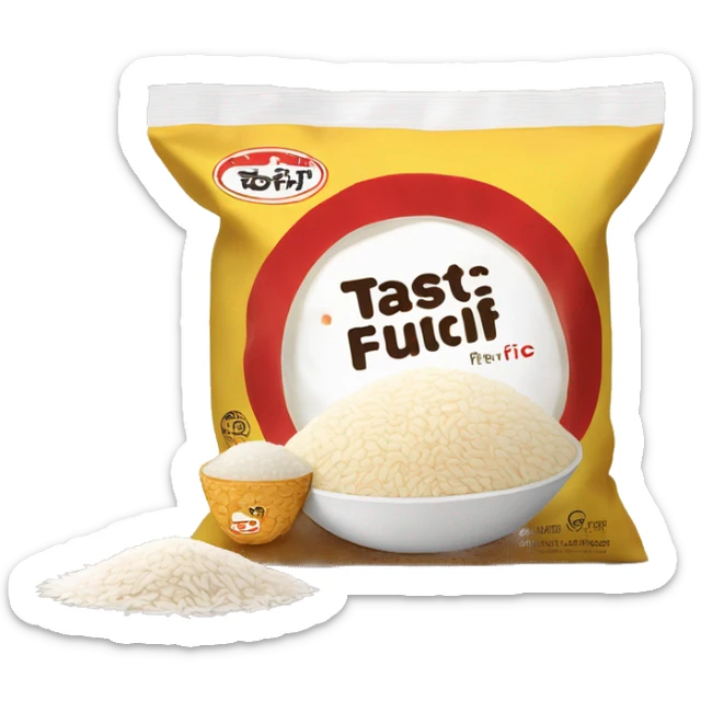 A bag of rice with a bowl of fluffy white rice in the center. The packaging is brown and white with red accents, featuring the bold 'Tastic' logo and promoting 'whiter and fluffier' long-grain parboiled rice. sticker