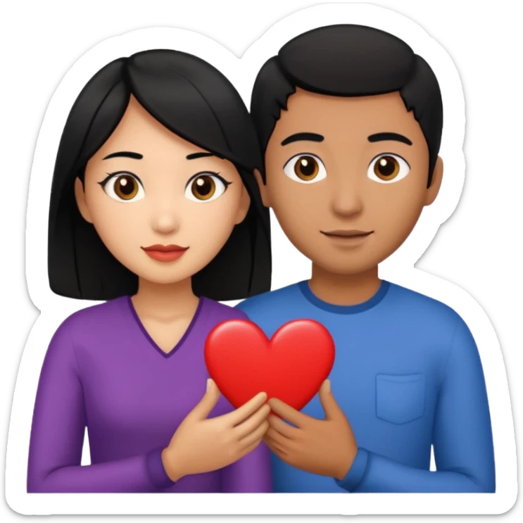 Asian Woman with black hair black eyes, brown man with black hair black eyes, and love heart sticker