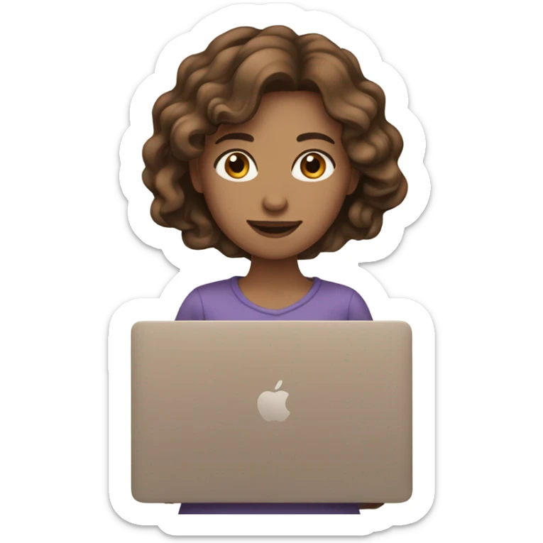 woman brown long wavy hair brown eyes and white skin with macbook sticker