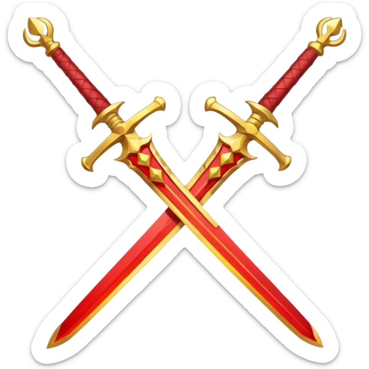 Two crossed swords that are golden in blade and handle and have fiery and royal appearence to them as well as red gem stones yellow in color sticker