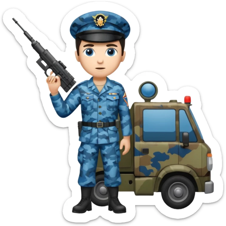 Full body of a dark haired blue eyed army man with radar truck weapon and wearing camo uniform  sticker