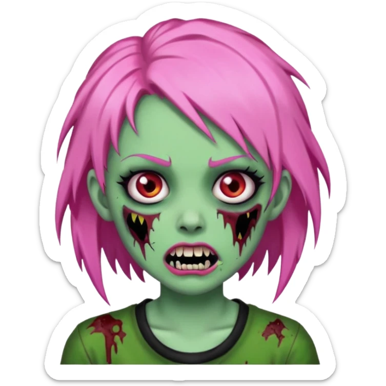 zombie girl with pink, black and green hair with fangs sticker