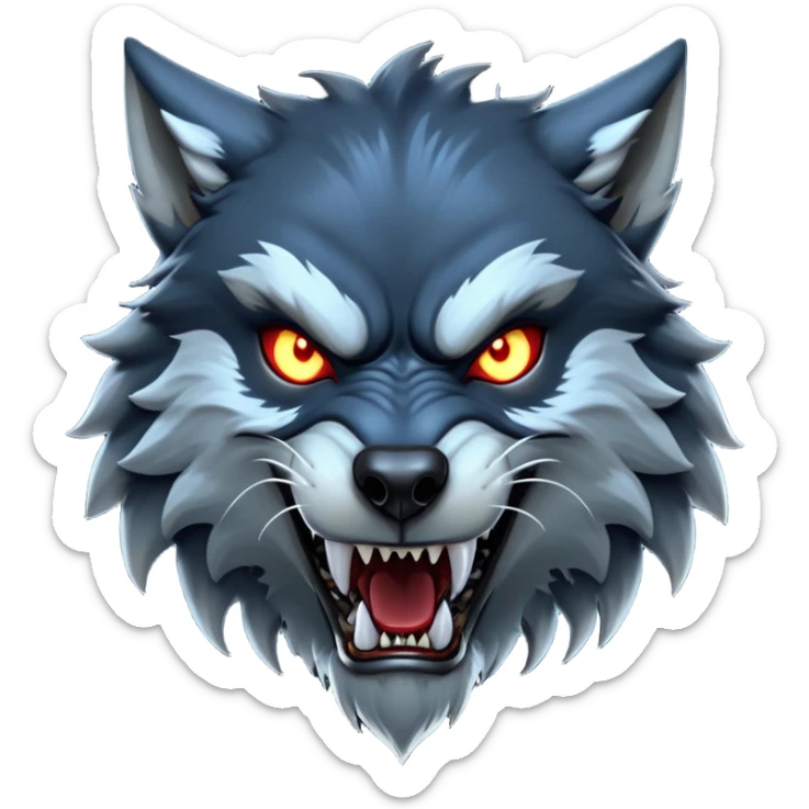 cinematic-noble-fierce-werewolf-head-close-up-emoji, poised-and-imposing, with a fierce wolfish face featuring glowing eyes full of primal ferocity, sharp, elongated fangs and a rugged snout, fur rippling in shades of midnight black and silver, muscles tensed and hunched over in an intense, threatening stance; rendered with realism, capturing the raw, untamed power of the beast beneath the moonlit sky sticker