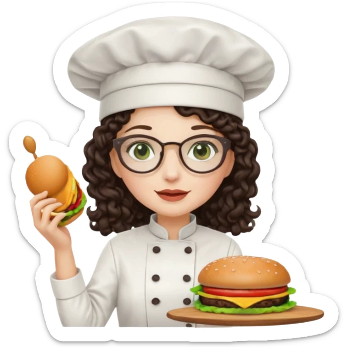 A female chef with glasses, dark brown long curly hair, White skin,Green eyes and cooking a burger sticker