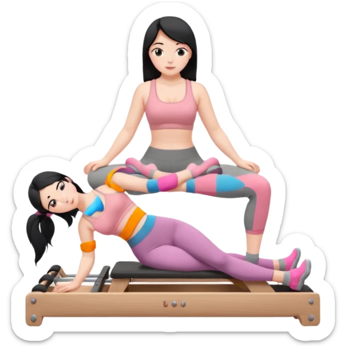 Create a Pilates emoji: a girl with fair skin and black hair, wearing a grey bra and grey leggings with pink pilates socks, doing sitted stomach massage on a wooden reformer and not looking at the camera. Make the colors neutrals. sticker