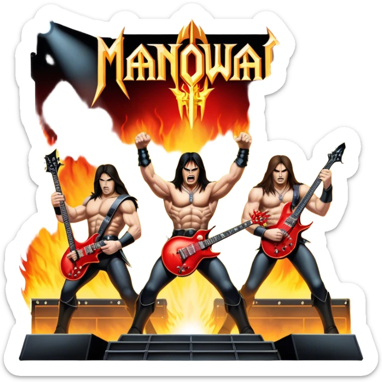 Icon for Metal Music: Manowar performing live, with powerful imagery of the band on stage, electric guitars, drums, and heavy metal energy. The background features a fiery stage and intense lights, reflecting the epic atmosphere of their concert. Transparent background. sticker