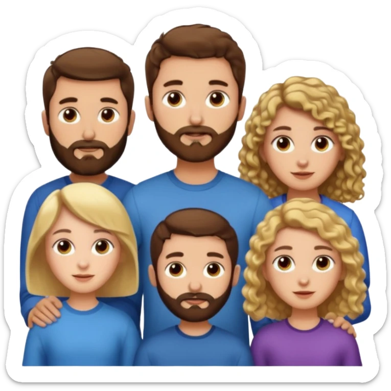 Gars cheveux bruns courts et barbe très courte, un gars avec cheveux bruns courts et barbe très courte, 1 fille cheveux bruns longs frisés, 1 fille cheveux longs blonds plats sticker