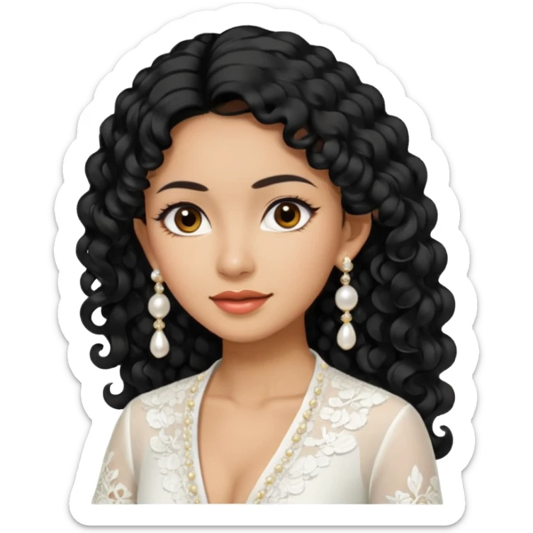 tan skin women, with black long Curly hair, wear white kebaya , and pearl earring sticker