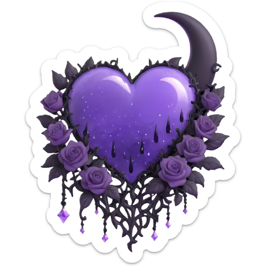 gothic heart made of purple glass with a crescent moon on the right, cluster of tiny black roses, sparkling stardust, zigzag lightning, dripping rain, shattered cracked glass texture sticker