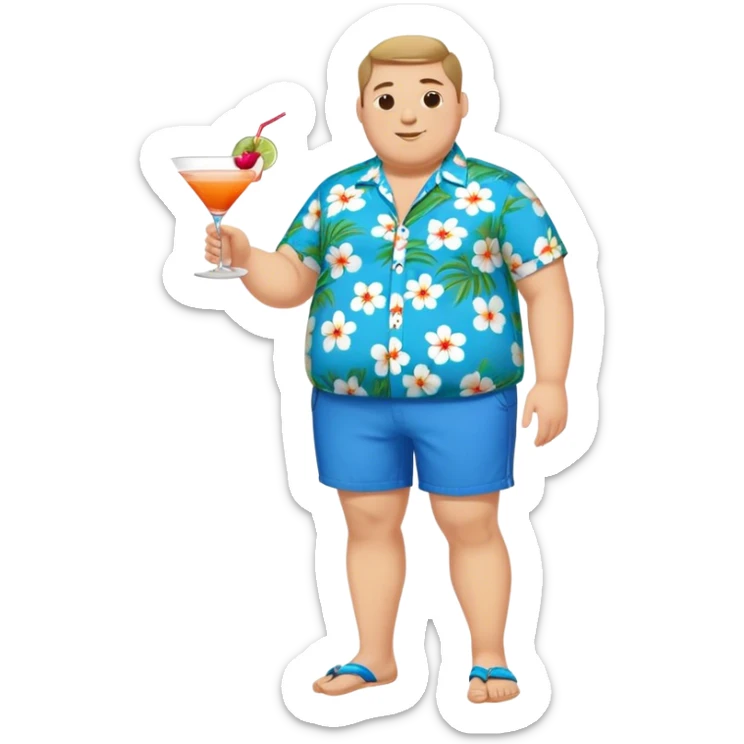 chubby guy full figure in a flowered azure havai shirt, brown shorts and flippers holding a cocktail sticker