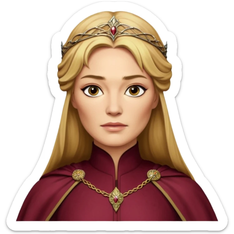 Cinematic Realistic Cersei Lannister Portrait, depicted with lifelike skin texture, subtle rosy undertones, and soft natural lighting that enhances the gentle contours of her face. Her intricately detailed golden blonde hair is elegantly styled , sticker