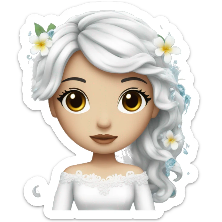 Pretty young Lady doll with black hair flowers in hair white dress surrounded by flowing water sticker