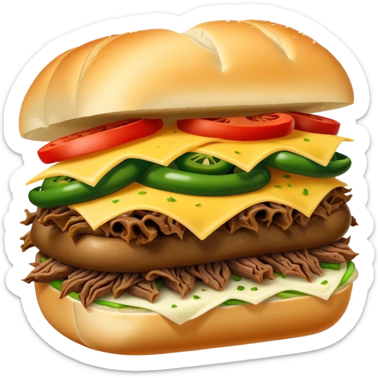 Chicago Italian cheesy beef sandwich. Italian bread, shredded beef, white provolone cheese, green peppers. sticker