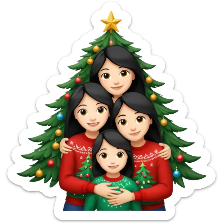 Generate Christmas-style emojis  family. Where light-skinned people stand near the tree all together, hugging and smiling. One girl should be light-skinned with black long hair. Add 4 people: Mother, Sister, Sister, Brother sticker