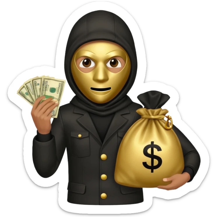 Robber emoji holding a 💰 wearing a mask that is made of robber suit without showing his hand the 💰 need to be in the left without is showing hands sticker