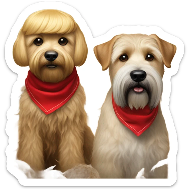 Realistic looking President Donald trump with a wheaten terrier wearing a red bandana sticker