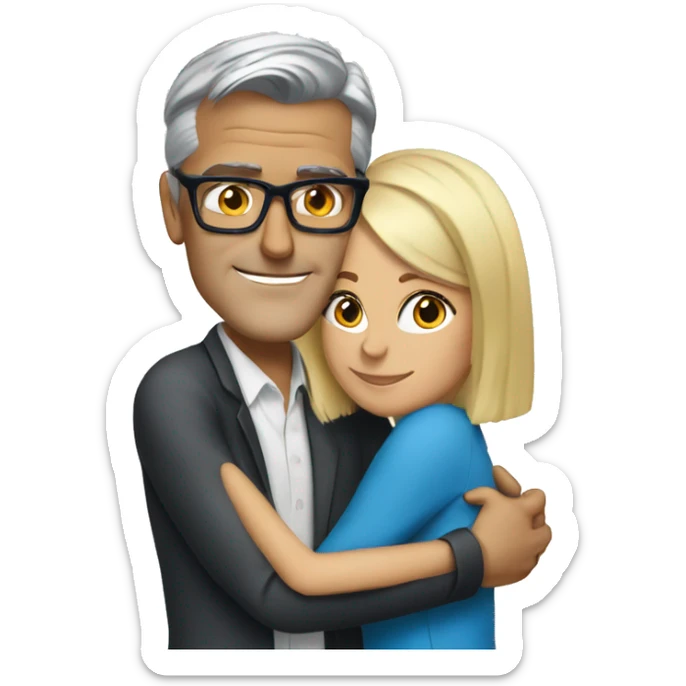 Blonde woman with blue eyes and glasses hugging George Clooney  sticker