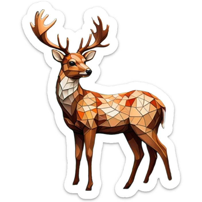 Mosaic art icon, colorful tiles forming an image of a deer in the forest, lush trees and nature elements, intricate tile patterns, detailed forest background, minimalistic style, clean lines, transparent background. sticker
