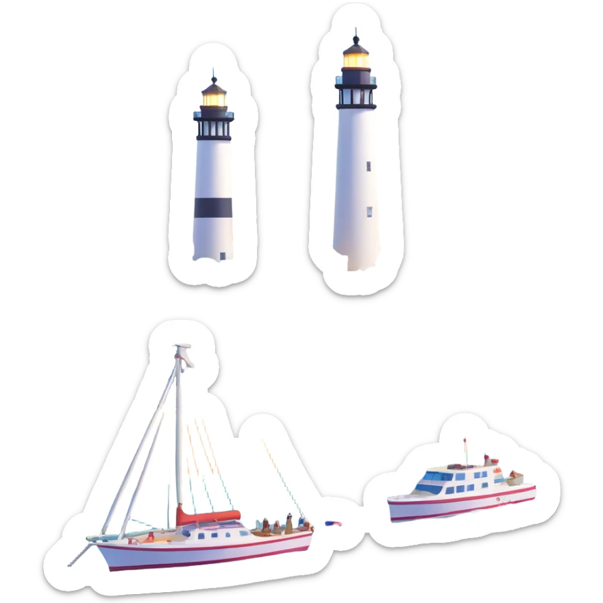 highly detailed, realistic 3D icon of the Provincetown, MA skyline featuring the Pilgrim Monument, Boatslip Resort, Provincetown Inn, Race Point Lighthouse, and Provincetown Pier with accurate and realistic architectural details, bright lighting, isolated on transparent background sticker