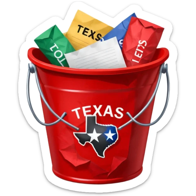 black bucket red texas on front with a bunch of names written on pieces of paper inside of it sticker