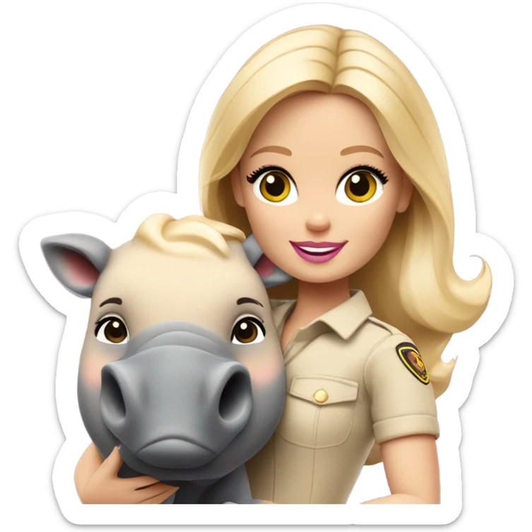 Blonde zookeeper Barbie with brown eyes, long shiny blonde hair, with a baby rhinoceros sticker