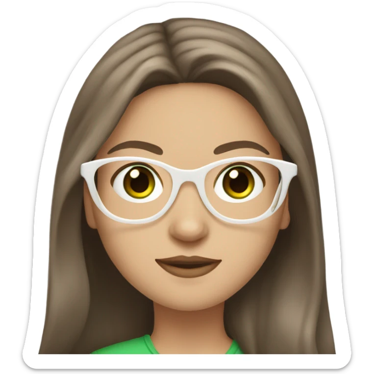 White girl with long curvy brown hair green eyes and white glasses sticker