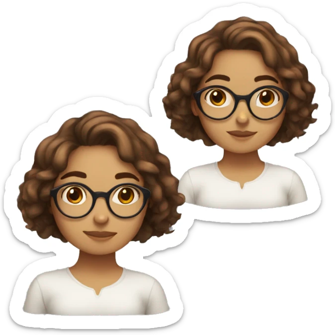 Girl with wavy hair, red cheeks, brown rounded glasses, oval face, round nose and freckles,  sticker