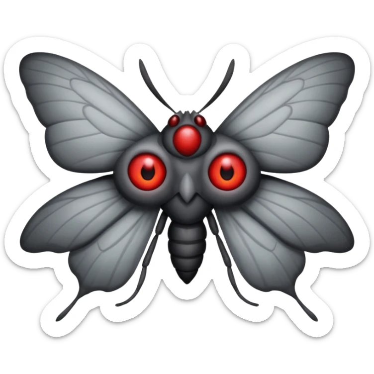 Create a scary emoji of the Mothman from point plesant west virginia with bright red eyes and as depicted in the legend. Make it less bird like and more Moth / Human hybrid sticker