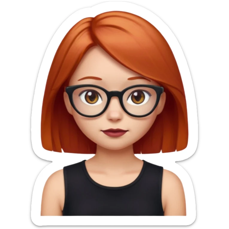 iPhone emoji of a girl with light red hair, shoulder-length hair, a small mole above her right eyebrow, wearing a black sleeveless top, and subtle dark maroon cat-eye glasses. sticker