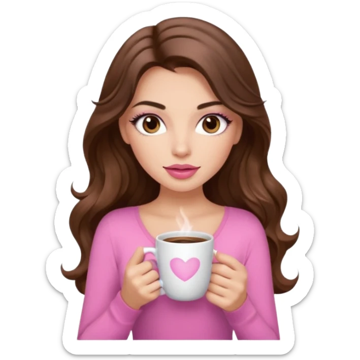 girl with long wavy brown hair, brown eyes, long lashes makeup,sexy pink lips, light to medium complexion, pink sexy top, with a coffee mug sticker