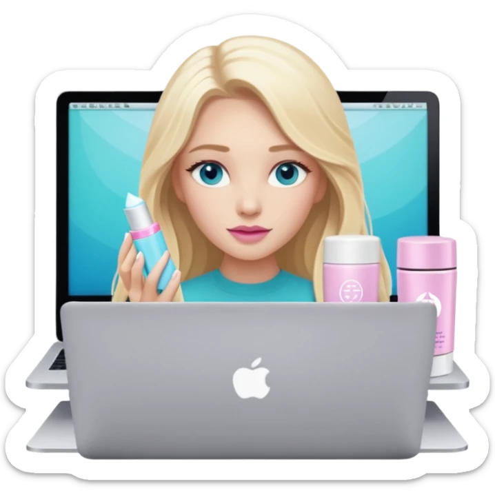 blonde long hair girl using macbook emoji. she has blue eyes and there is tatcha longevity cream (teal colour) and Summer fridays lip balm (pink sugar) in front of the laptop sticker
