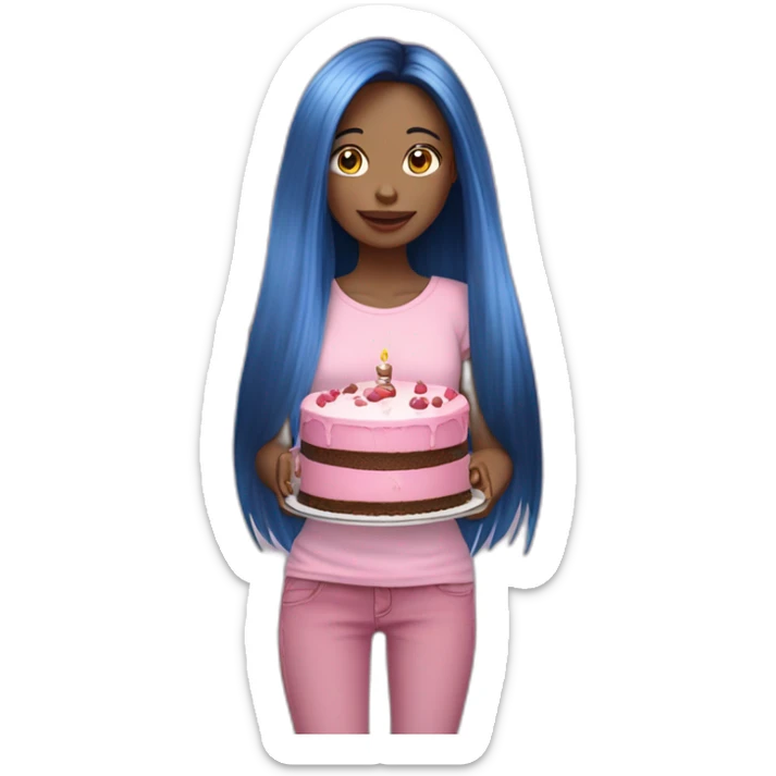 Thin fair girl with little long face and black long straight hairs in baby pink top and blue straight fit jeans holding a cake  sticker