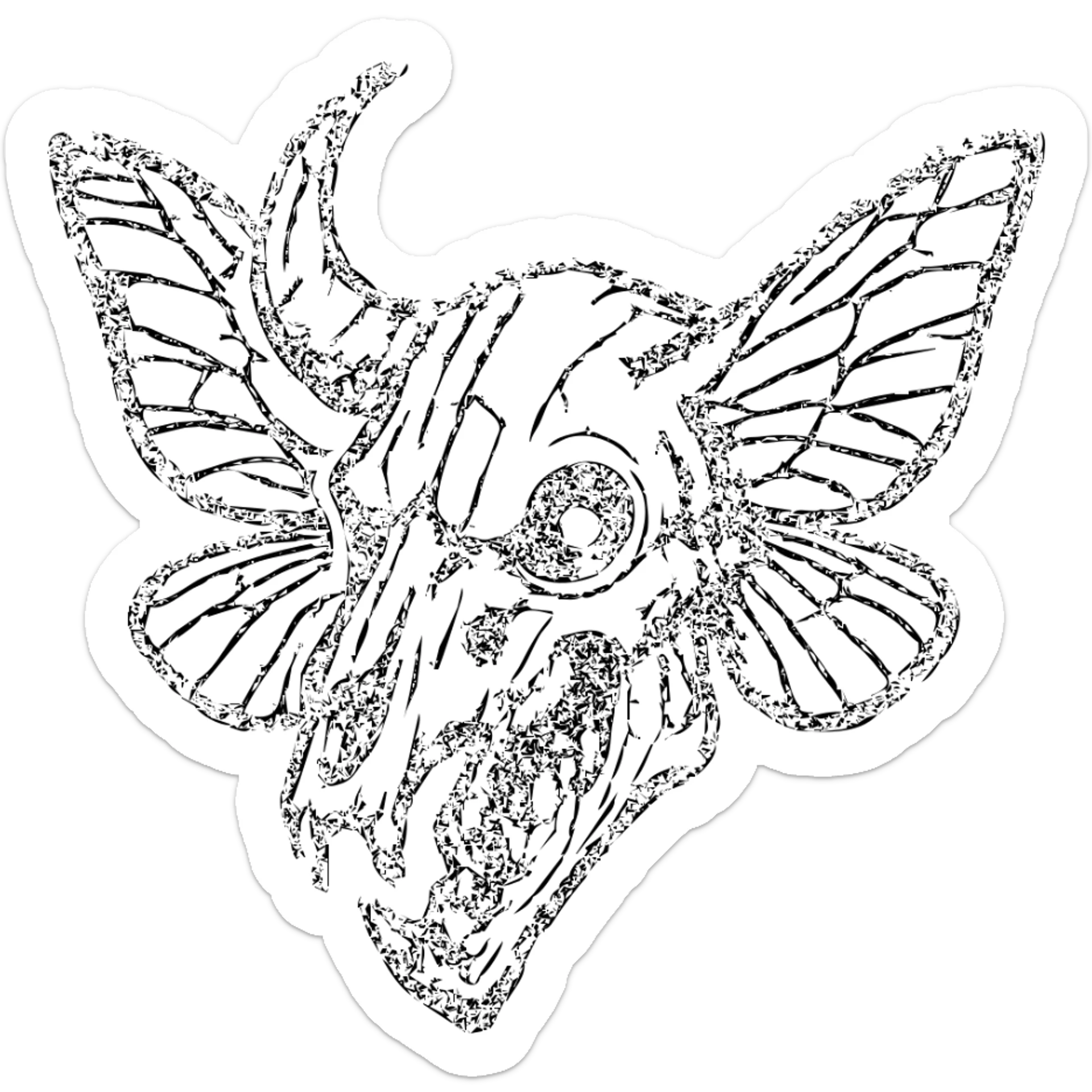 detailed but heavily distressed red line art of twisted minotaur-stoat skull hybrid with broken horn and glaring eye, intricate deteriorating moth wings, complex bone textures, asymmetrical features, extensive weathering with scratches and eroded sections, some transparent areas amid detailed horror elements, unnerving and ancient appearance, 100% red sticker