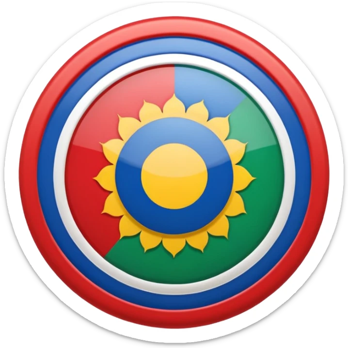 An emoji icon of the Romani flag. Top half blue, bottom half green, with a red 16-spoke chakra wheel in the center. Flat vector style, cute, isolated on white background. sticker