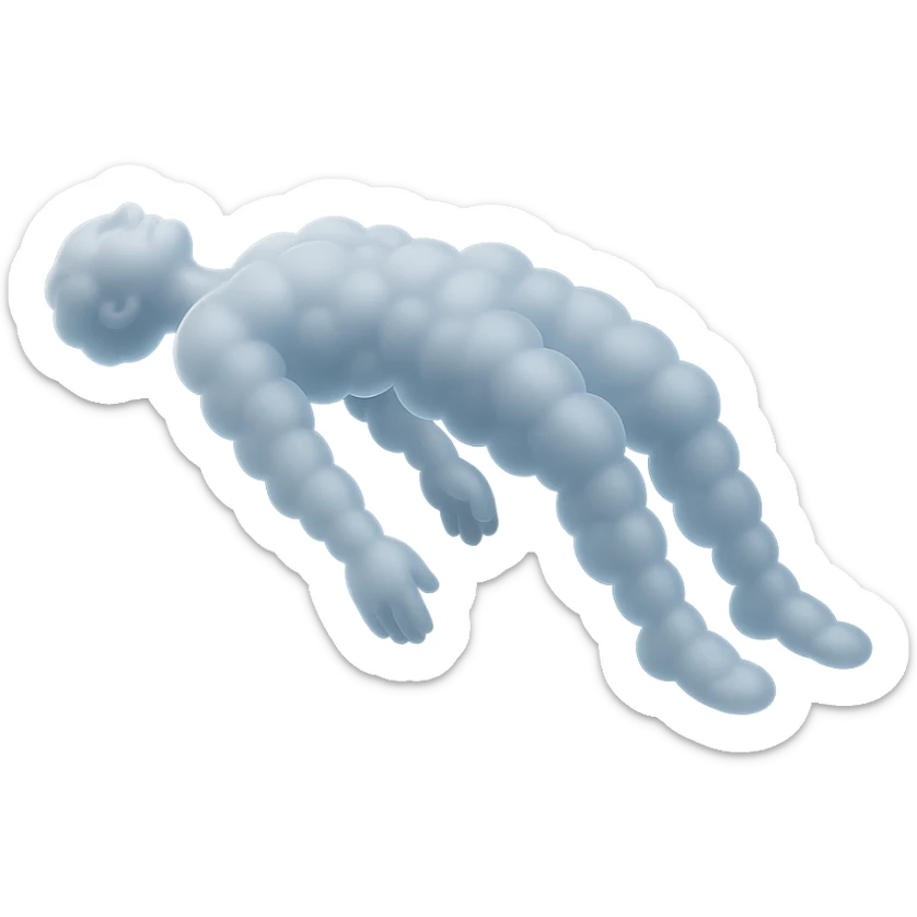 side view: unconscious person flying upwards by torso, arms and legs down, made of small convex fluffy white clouds, matte glass style sticker
