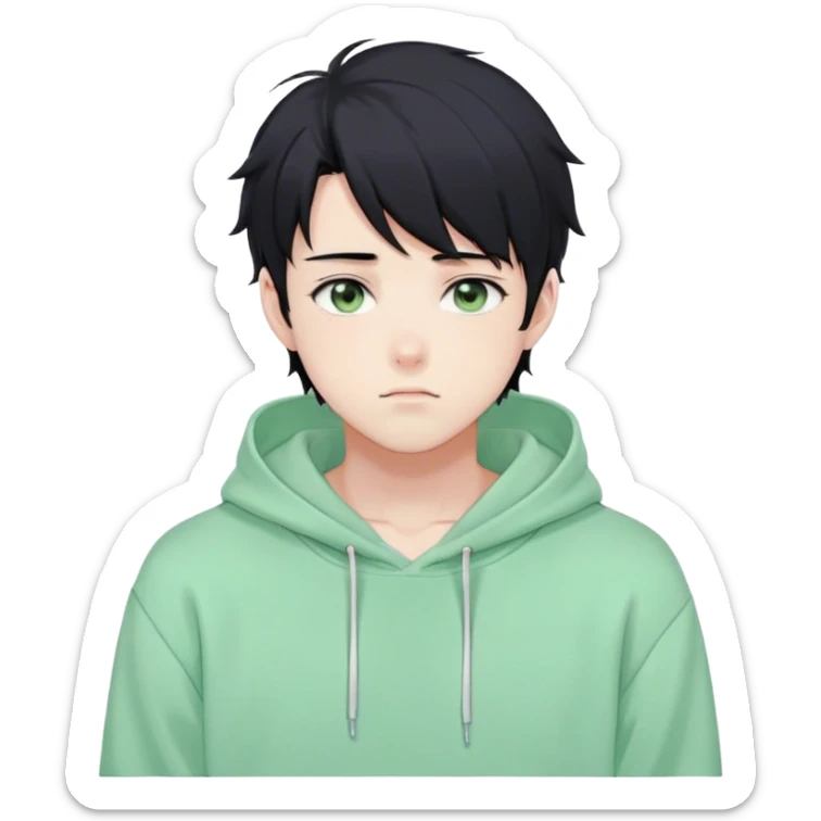 Gorgeous pastel green sweater black hair anime style shojo guy with blushing face and, hoodie, aesthetic, young adult, trending style, outside, vedal987 sticker
