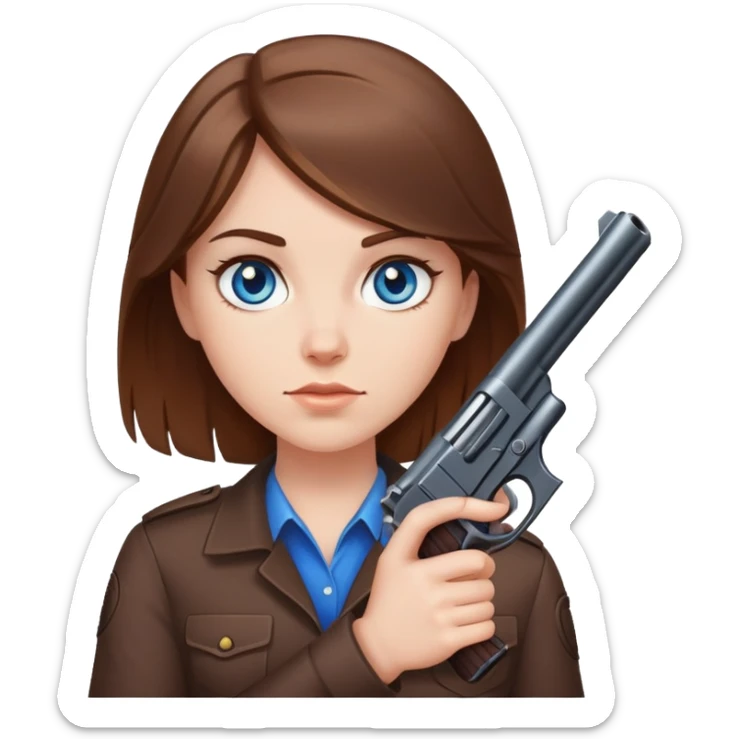 White girl brown hair blue eyes holding gun at you sticker