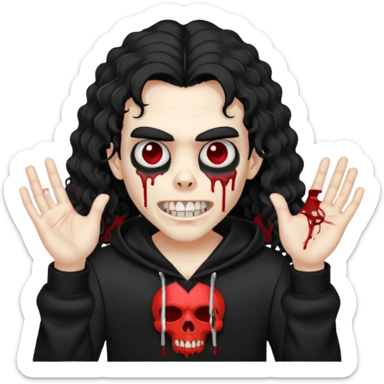 Vampire wearing a black hoodie with a skull logo on it, long curly hair that covers the forehead, fanged teeth and blood on hands sticker