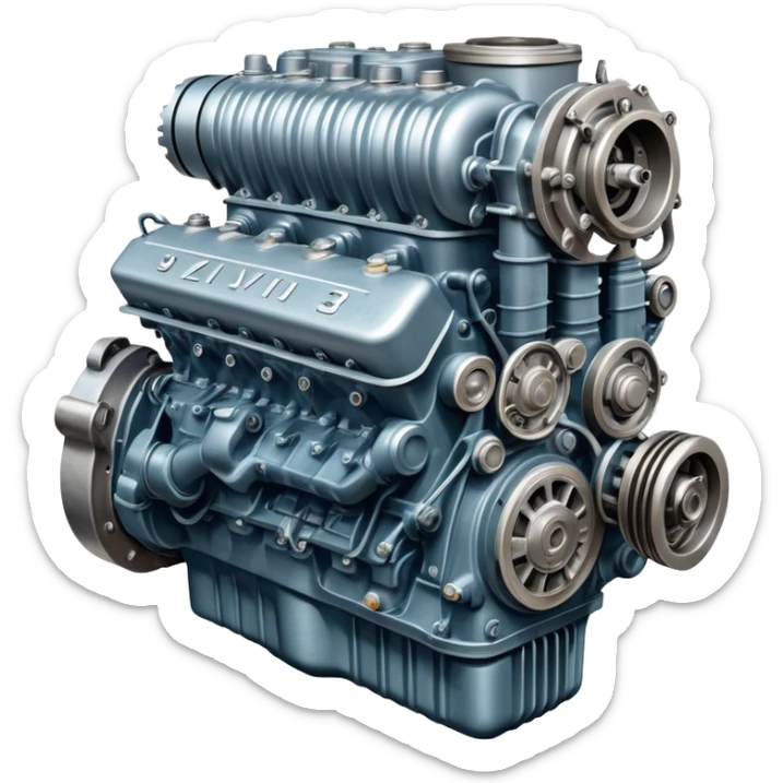 Detailed ZIL-130 V8 truck engine, Soviet automotive design, mechanical parts visible sticker