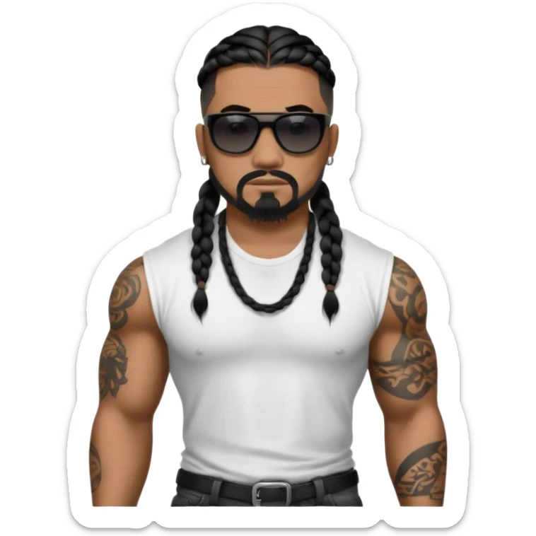 Samoan male. Chin goatee.
Larger XL loose fitting white t-shirt. 

Black jeans. 
long black braided hair.
very muscular.
More tattoos. 
Tough and menacing.
All black sunglasses. sticker