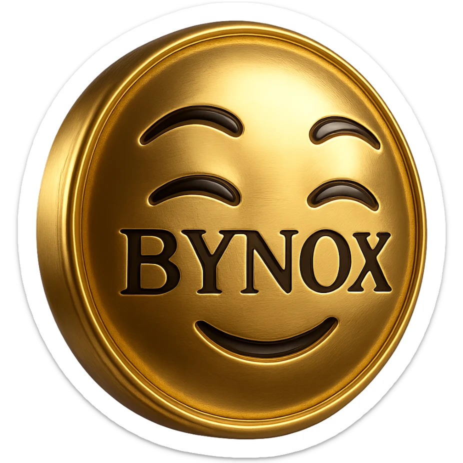 gold and black luxury-themed emoji with the text 'BYNOX' in the center, shiny metallic style, elegant design, premium vibe, 3D effect, dark background, stylish typography, minimal but powerful, no background, suitable for Telegram custom emoji sticker