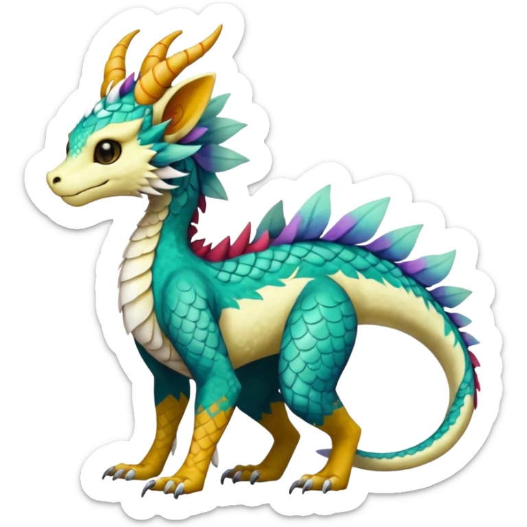 Beautiful pretty cool edgy elegant realistic Feral Rare Fantasy colorful vibrant Vernid-Trico-Haku-dragon-species-Fakemon-creature by LiLaiRa, random markings, tufted tail, tufted ears, full body sticker