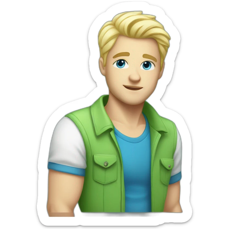 men 30 years old,blond short haire, white skin, blue eyes, green shirt with retro fan art sticker