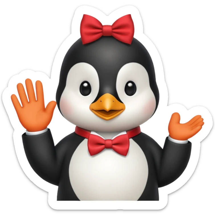 Un pinguino con una pajarita roja haciendo el gesto con la mano abierta de cumplir una promesa sticker