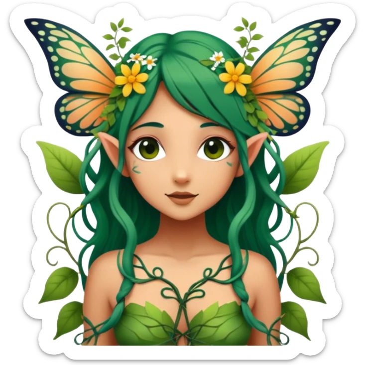 Cinematic Realistic Forest Nymph Fairy Portrait, depicted with lifelike, sun-kissed tanned skin that radiates an earthy glow, softly illuminated by natural, dappled light. Her long, flowing dark green hair is intricately detailed and interwoven with delicate vines and wildflowers, while her deep, soulful eyes mirror the wisdom of the forest. Dressed in an attire inspired by nature’s palette—with subtle botanical motifs—the portrait exudes a soft, enchanted glow that melds realism with woodland magic showing her large butterfly wings from her back. sticker