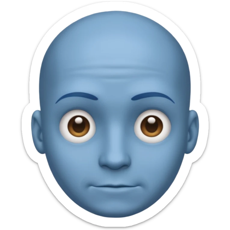 Bald male emoji with blue skin, no smile, like neutral face, but with a big head / forehead sticker