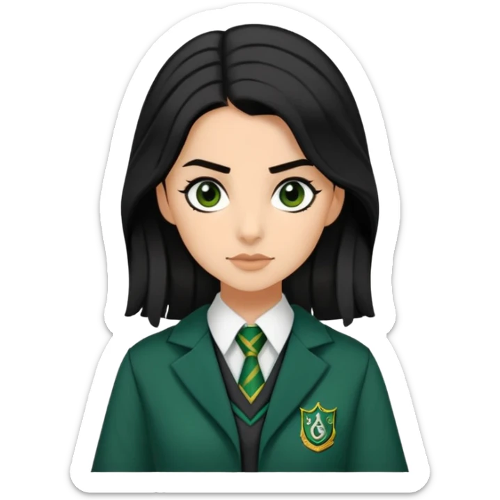 genevieve gaunt is Pansy Parkinson in harry potter, wear hogwarts slytherin uniform, black hair, not wearing hat sticker