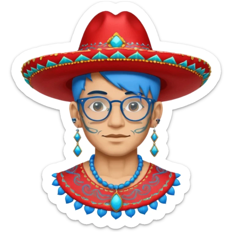 unique looking tourist with big unique red tourist sombrero and earrings, man with lots of tattoes and spectacles, blue hair showing sticker