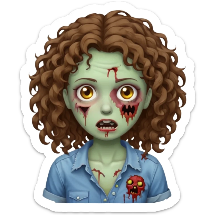 Zombie girl with curly brown hair como emoji de iphone y con la boca un poco lastimada  sticker